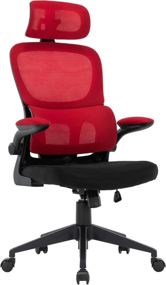Flexibler Bürostuhl in moderner Mesh-Optik ergonomischer Schreibtischstuhl mit Nacken- und Lordosenstütze Gamingstuhl mit atmungsaktiver Netzrückenlehne und Wippfunktion Schwarz/Rot Bild 1