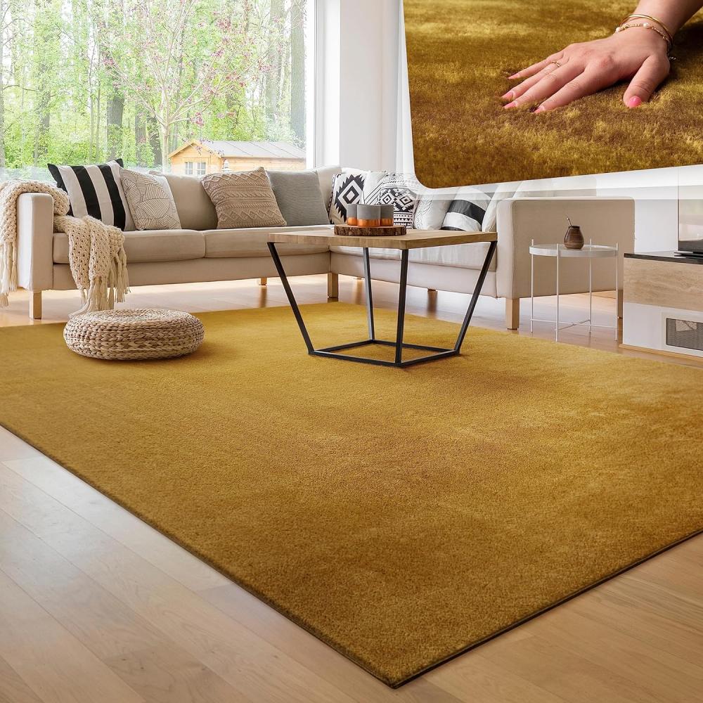 Paco Home Waschbarer Teppich Wohnzimmer Schlafzimmer Kurzflor rutschfest Flauschig Weich Moderne Einfarbige Muster, Grösse:140x200 cm, Farbe:Gelb Bild 1