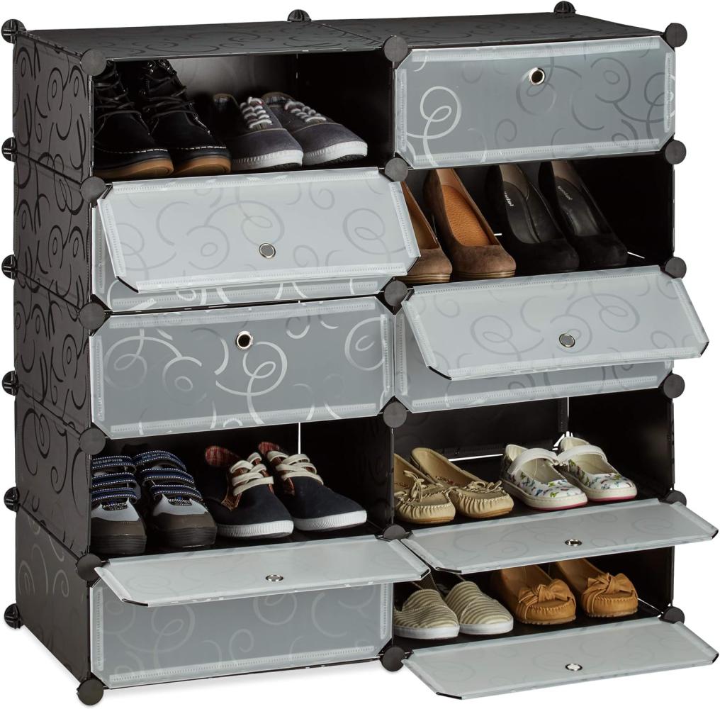 Relaxdays Schuhschrank mit 10 Fächern, Schuhregal groß, Steckregal Kunststoff, DIY, HxBxT ca. 90 x 94 x 37 cm, schwarz Bild 1
