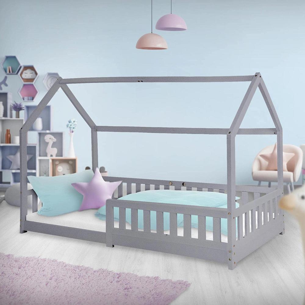 Kinderbett mit Rausfallschutz Lattenrost und Dach 200x90 cm Hellgrau aus Kiefernholz ML-Design Bild 1