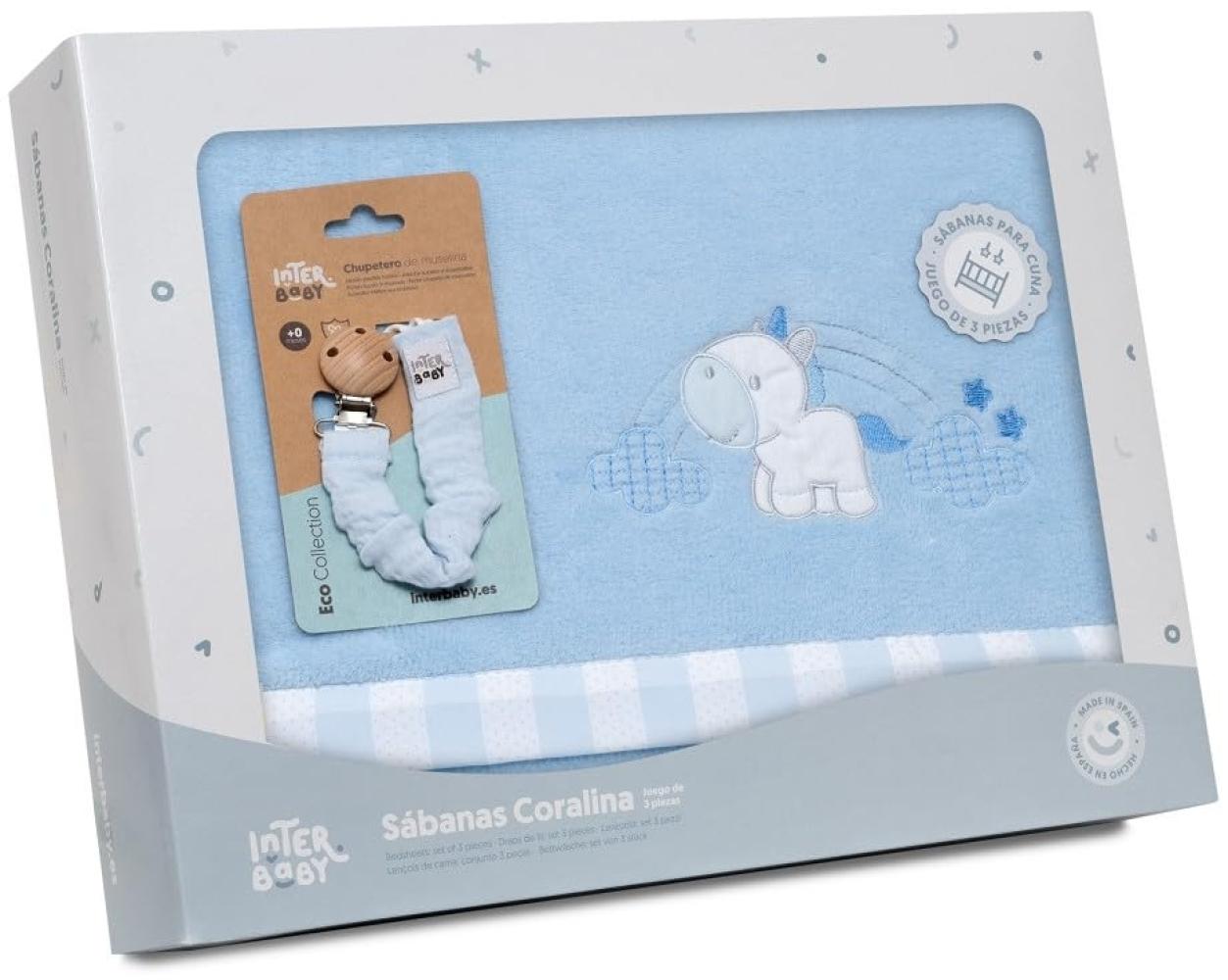 Fleece-Plüsch-Bettlaken-Set Kinderbett "Unicornio Nube" blau & Schnullerketten Musseline mit Clip · 3- Teilig Winter -Bettwäsche-Set für kinderbett · Babys Bild 1