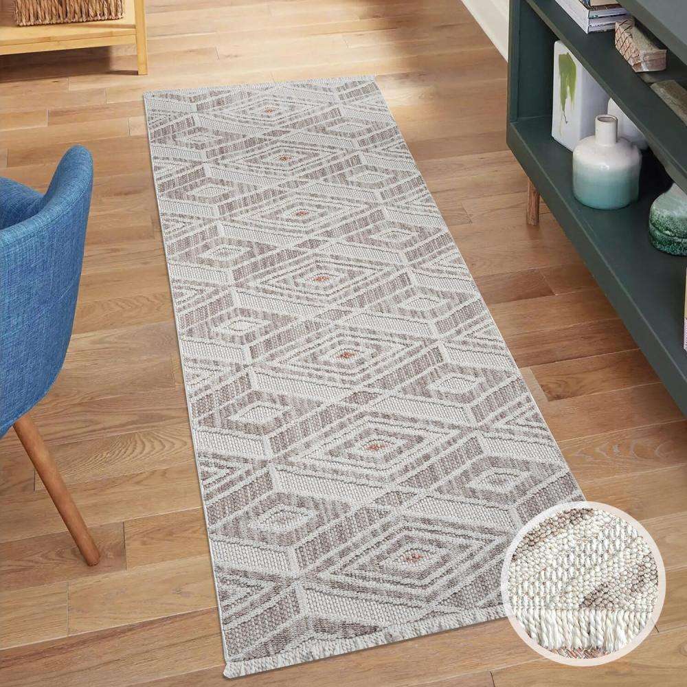 carpet city Teppich-Läufer Kurzflor Flur - Terracotta - 80x300 cm - Teppiche Fransen Boho-Style - Rauten-Muster - Schlafzimmer, Wohnzimmer Bild 1