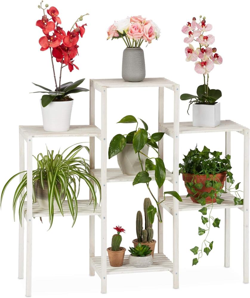 Relaxdays Blumenregal Holz, 7 Ablagen f. Pflanzen, dekorative Blumentreppe f. Indoor, stehend, 86,5 x 95 x 29,5 cm, weiß Bild 1