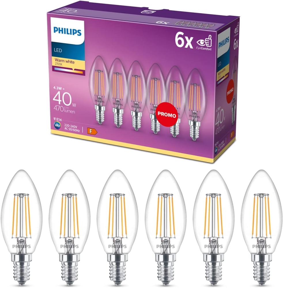 Philips LED-Lampe Classic Candle 4,3W/827 (40W) Clear 6-pack E14 Bild 1