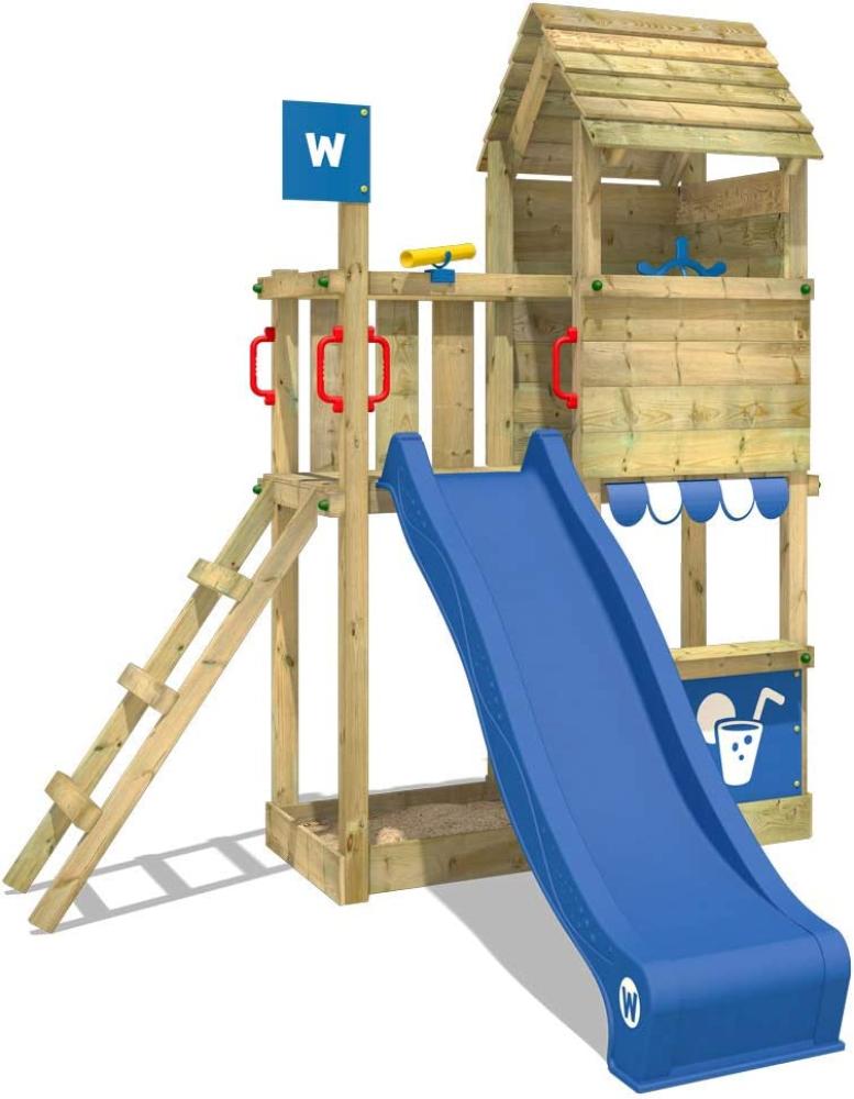 WICKEY Spielturm Klettergerüst Smart Sparrow mit blauer Rutsche, Kletterturm mit Sandkasten, Leiter & Spiel-Zubehör Bild 1
