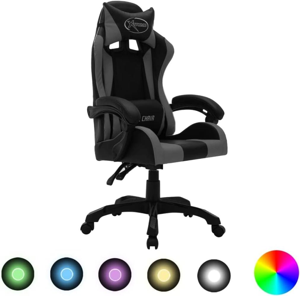vidaXL Gaming Stuhl mit RGB LED-Leuchten Höhenverstellbar Chefsessel Bürostuhl Drehstuhl Schreibtischstuhl Sportsitz Racing Grau Schwarz Kunstleder Bild 1