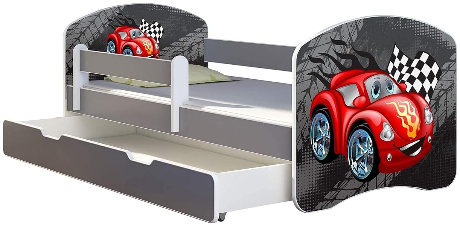 ACMA Kinderbett Jugendbett mit Einer Schublade und Matratze Grau mit Rausfallschutz Lattenrost II (05 Rote Auto, 140x70 + Bettkasten) Bild 1