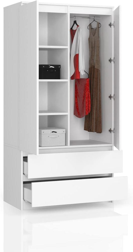 BDW Kleiderschrank 2 Türen, 4 Einlegeböden, Kleiderbügel, 2 Schubladen Kleiderschrank für das Schlafzimmer Wohnzimmer Diele 180x90x51cm (Weiß) Bild 1