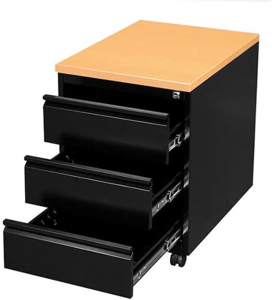 Profi Stahl Büro Rollcontainer Bürocontainer Holzabdeckplatte 3 Schubladen Maße: 62x46x59cm RAL 9005 Schwarz/Platte Buche-Dekor 505301 Bild 1