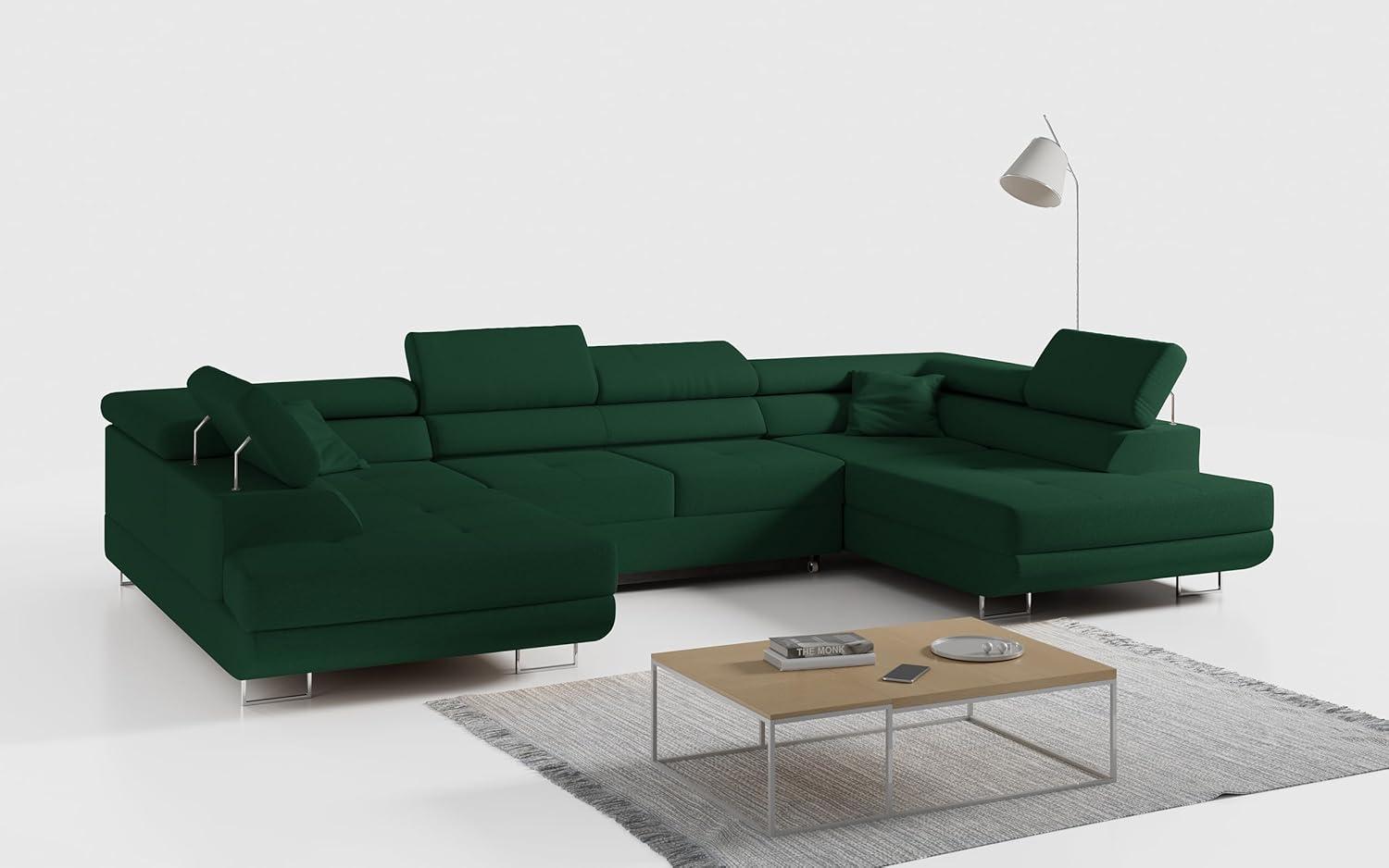 Ecksofa, Wohnzimmer U Couch, Polstersofa mit Bettkasten - GUSTAW-U - Dunkelgrün Stoff Bild 1