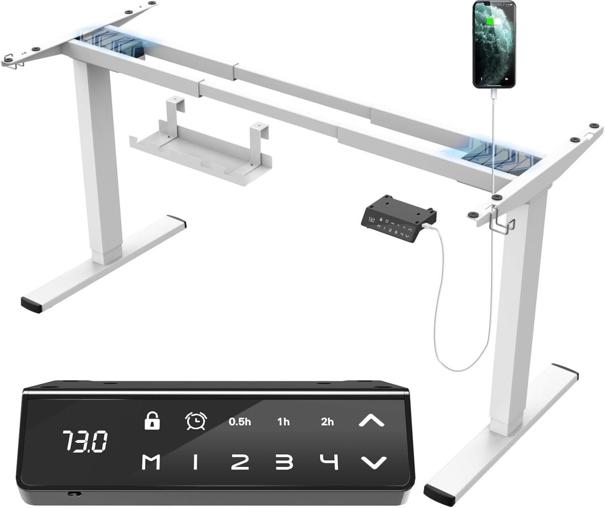 JUMMICO Dual-Motor Tischgestell Höhenverstellbar mit USB-Buchse und Kabelwanne, Elektrisch Höhenverstellbarer Schreibtisch Gestell mit Sitz-Steh-Erinnerungs und Rollen（Weiß） Bild 1