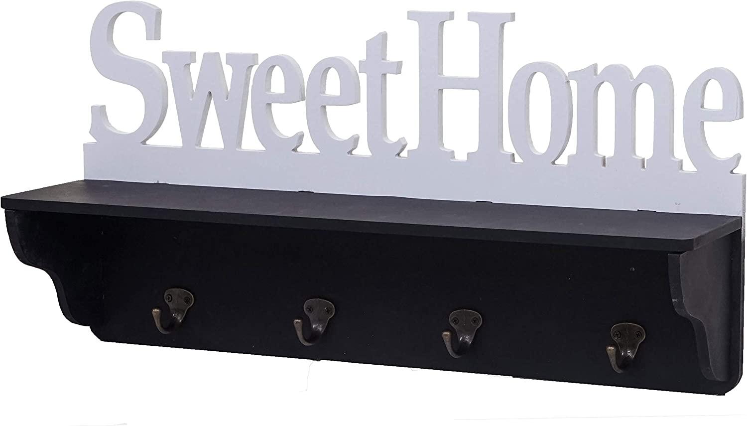 Wandgarderobe HWC-D41 Sweet Home, Garderobe Regal, 4 Haken massiv 30x60x13cm ~ schwarz/weiß Bild 1