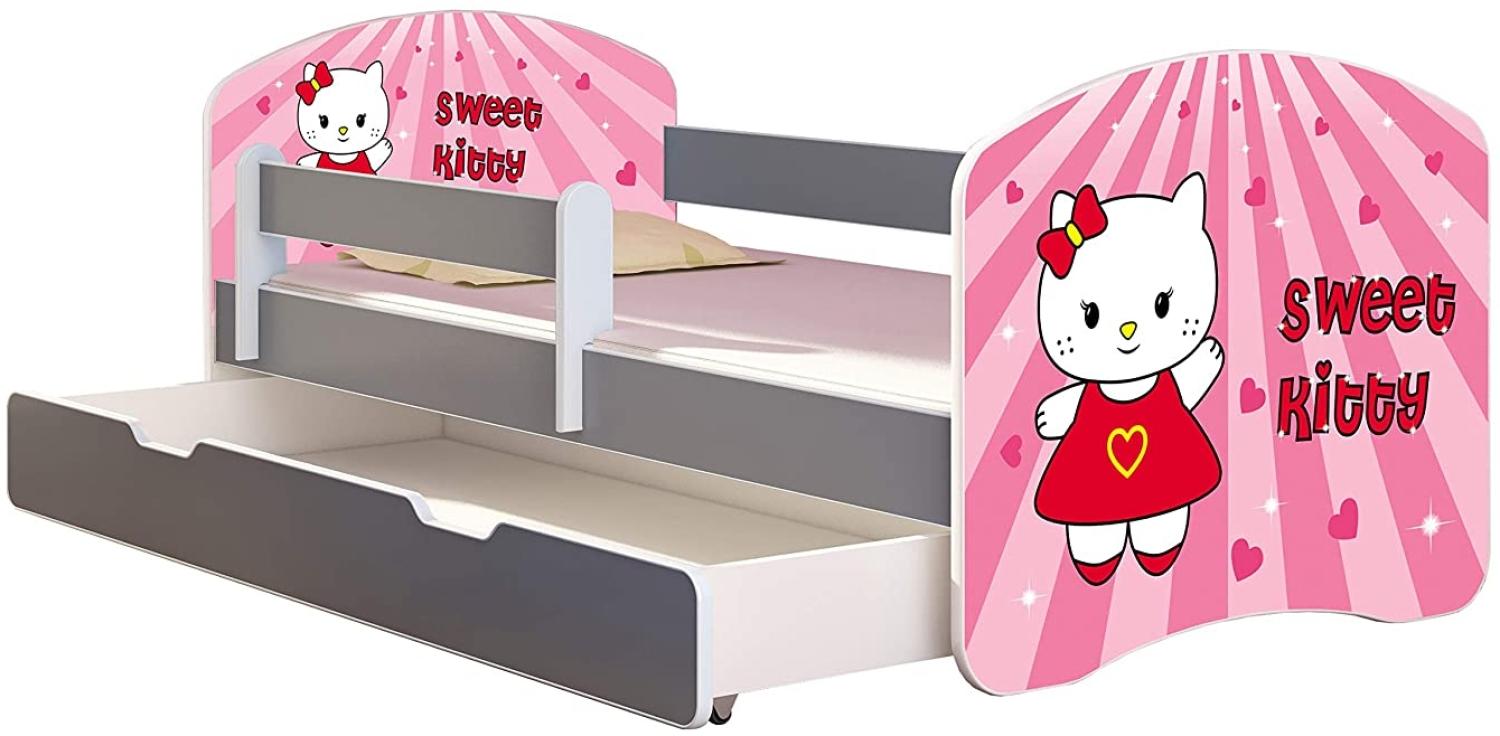 ACMA Kinderbett Jugendbett mit Einer Schublade und Matratze Grau mit Rausfallschutz Lattenrost II (15 Sweet Kitty, 160x80 + Bettkasten) Bild 1