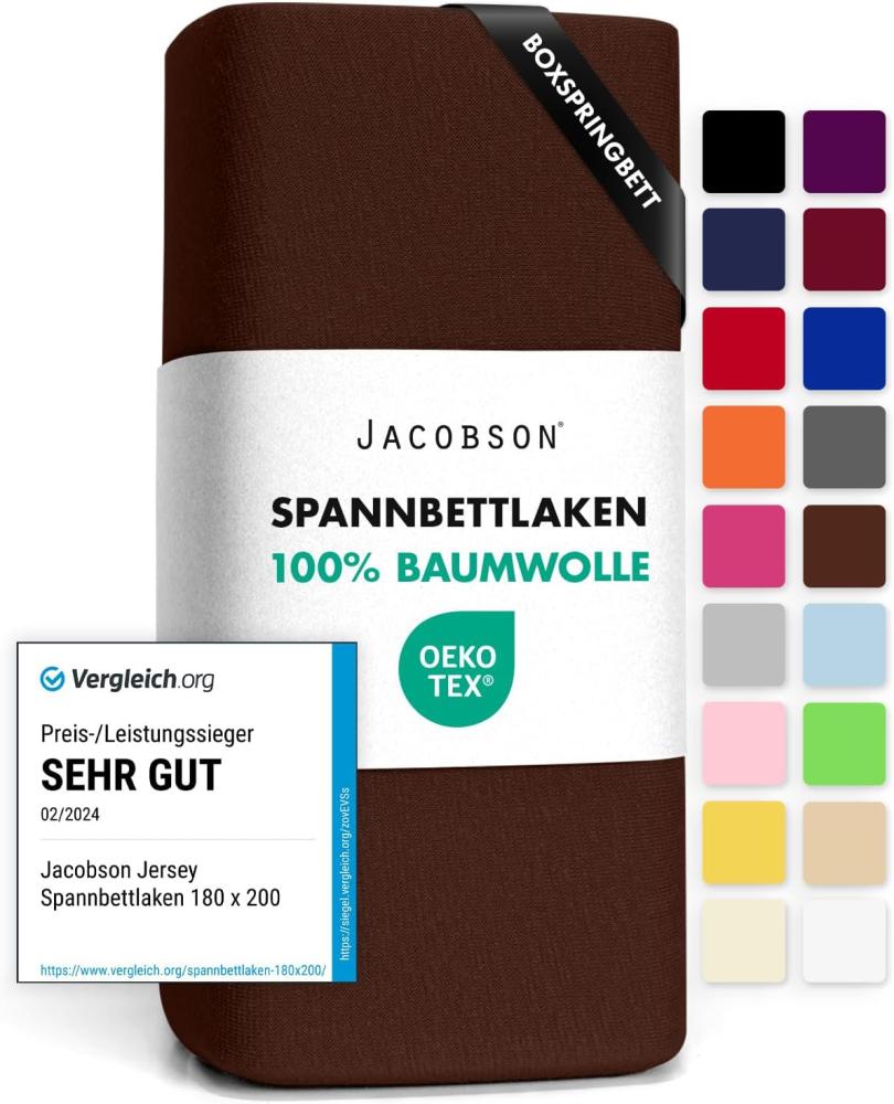 Jacobson Jersey Spannbettlaken Spannbetttuch Baumwolle Bettlaken (180x200-200x220 cm, Schokobraun) Bild 1
