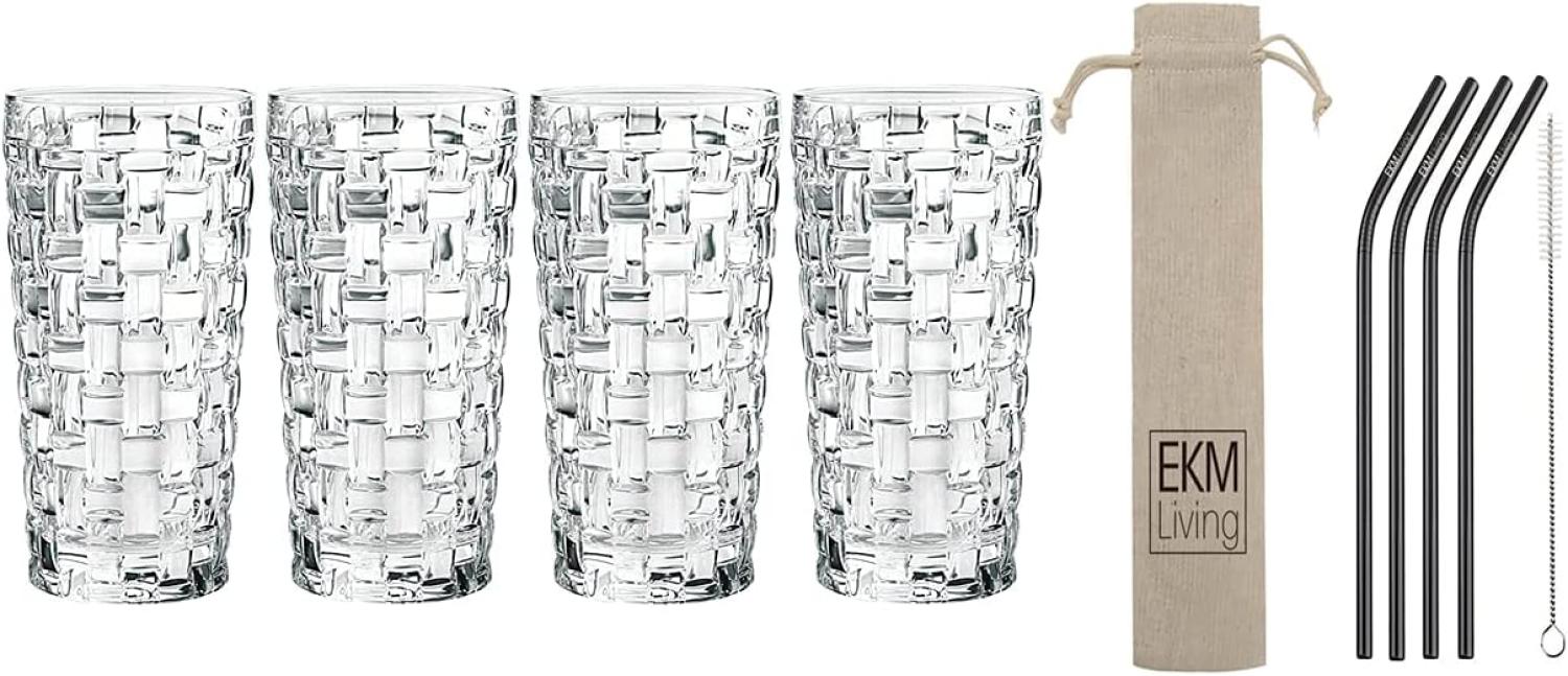 Spiegelau & Nachtmann, 4-teiliges Longdrink-Set, Kristallglas, 395 ml, Bossa Nova, 0092075-0 + 4er Set EKM Living Edelstahl Strohhalme schwarz gebogen Bild 1