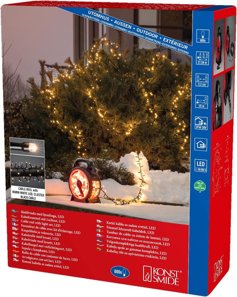 Konstsmide Micro LED Compactlights Lichterkette mit Kabelaufroller, schwarz-rot, 800 warm weiße Dioden, 30V Außentrafo, 6W, schwarzes Kabel - 3848-100 Bild 1