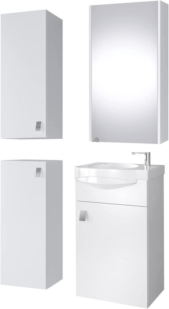 Planetmöbel Badset komplett aus Unterschrank 40cm mit Waschbecken, Spiegelschrank und 2X Midischrank in Weiß, Komplettset für Badezimmer 5-teilig Bild 1