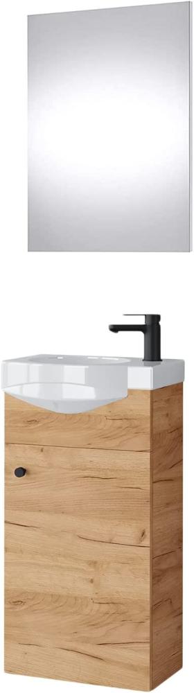 Planetmöbel Waschtisch 40cm Gold Eiche mit Spiegel, Unterschrank mit Waschbecken aus Keramik mit Badspiegelfür Gäste WC Bild 1