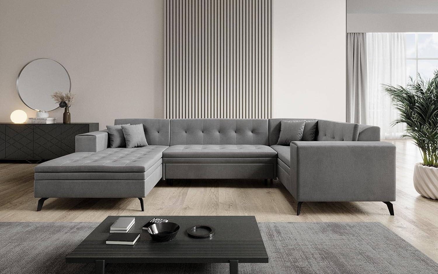 Designer Sofa Neola mit Schlaffunktion Samt Grau Links Bild 1