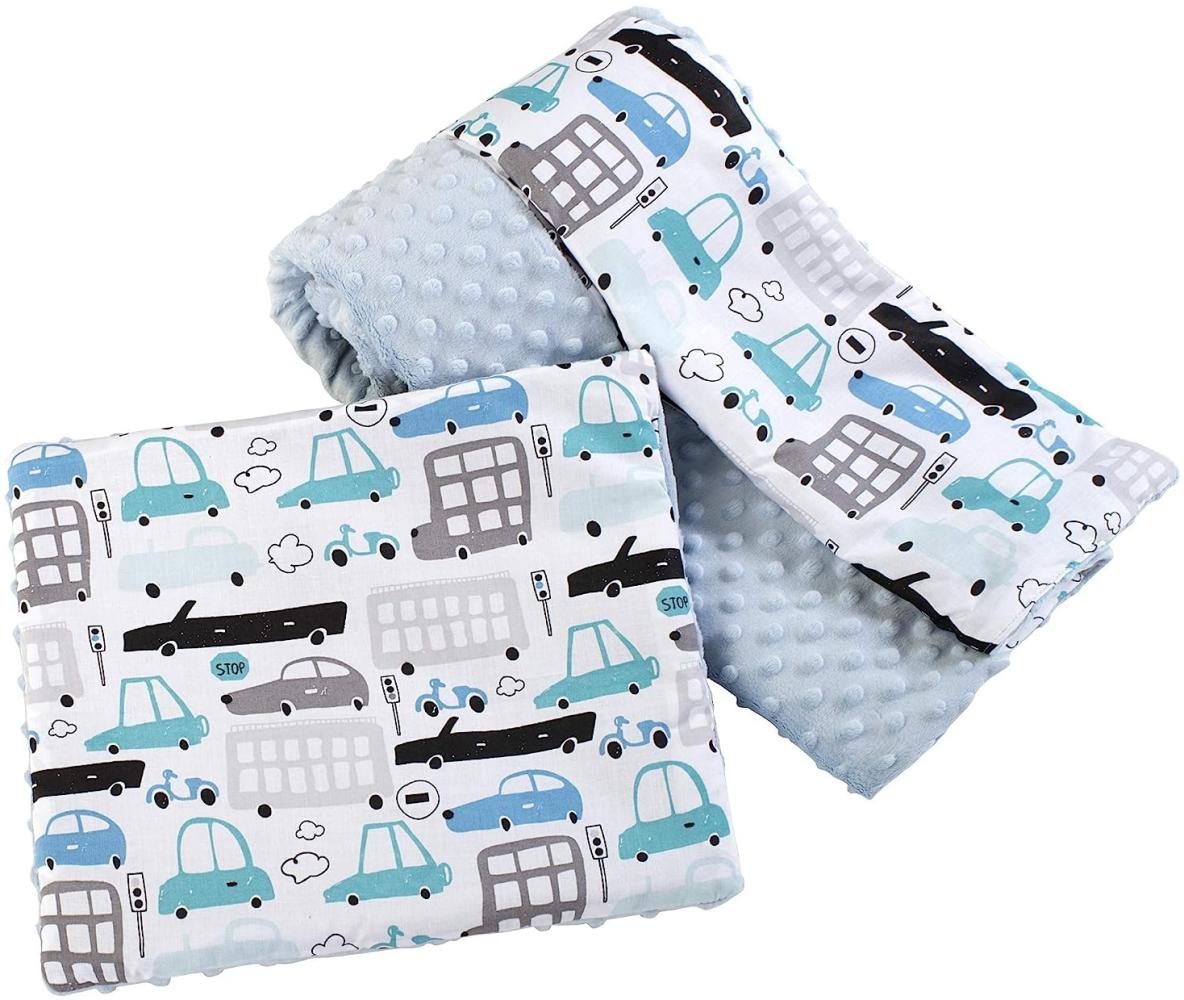 Medi Partners Babydecke Krabbeldecke mit Kissen 100% Baumwolle Minky Kinderdecke groß zweiseitig 75x100 + 35x30cm multifunktional für Bett Kinderwagen (Autos mit hellblauem Minky) Bild 1