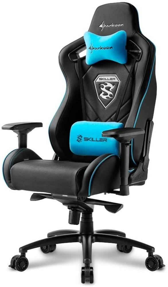 Sharkoon Skiller SGS4 Komfortabler Gaming-Stuhl (mit extragroßer Sitzfläche, 150kg belastbar, Kunstleder, Aluminiumfußkreuz, 75mm Rollen mit Bremsfunktion, 4-Wege-Armlehnen, Stahlrahmen) schwarz/blau Bild 1