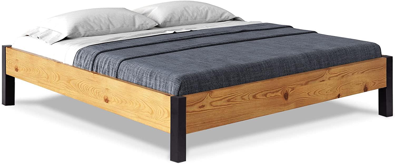 Möbel-Eins CURBY Bett Metallfuß, ohne Kopfteil, Material Massivholz, rustikale Altholzoptik, Fichte natur 200 x 220 cm Bild 1