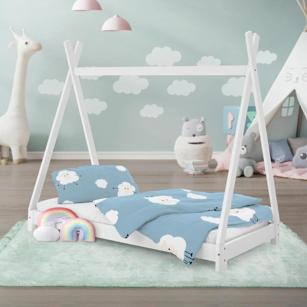 Kinderbett Tipi mit Lattenrost 70x140 cm Weiß aus Kiefernholz ML-Design Bild 1