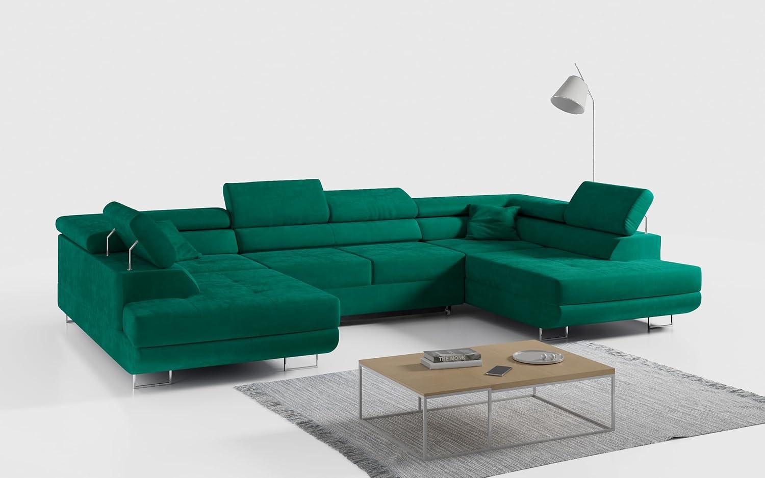 Ecksofa, Wohnzimmer U Couch, Polstersofa mit Bettkasten - GUSTAW-U - Grün Velours Bild 1