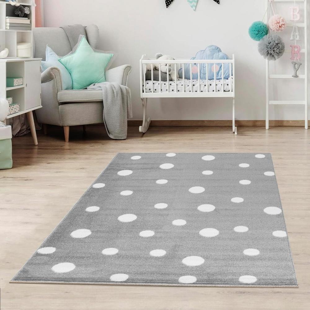 Jimri Kinderteppich DOTS l Pünktchen Gepunktet l Öko-Tex Siegel | Farbe: Beige Blau Rosa | Kinderzimmer/Jugendzimmer (Grau, 120x170 cm) Bild 1