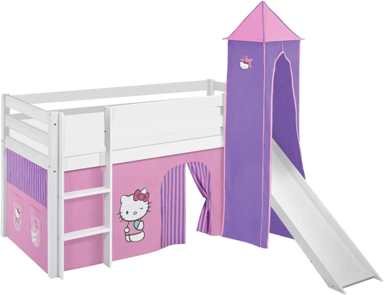 Lilokids 'Jelle' Spielbett 90 x 190 cm, Hello Kitty Lila, Kiefer massiv, mit Turm, Rutsche und Vorhang Bild 1