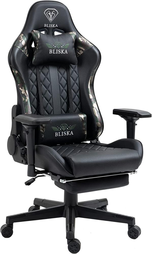 Gaming Stuhl mit Fußstütze und ergonomsichen 4D-Armlehnen - gaming chair in Sportsitz Optik - Gamer Stuhl mit verstellbaren Rückenstützkissen für gesündere Sitzhaltung, Farbe:Schwarz/Military -Grün Bild 1