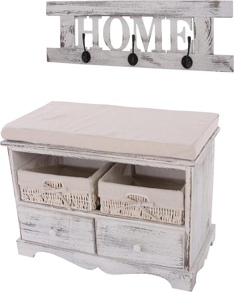 Garderobe mit Sitzbank Kommode mit 2 Körben 42x62x33cm, Shabby-Look, Vintage ~ weiß Bild 1