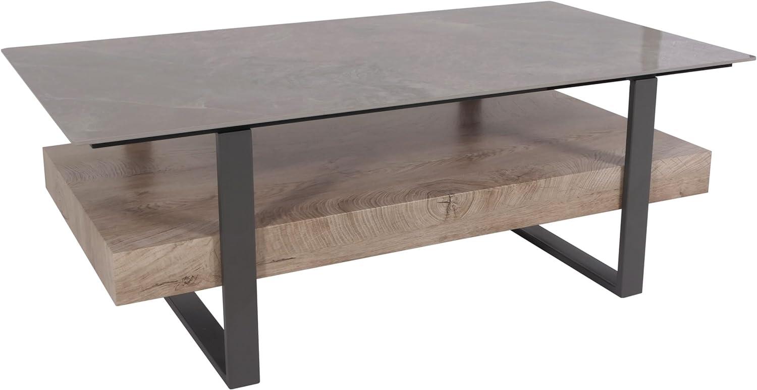 Couchtisch HWC-L88, Wohnzimmertisch Tisch, Ablage Eisen 43x120x60cm Sinterstein Marmor-Optik grau Holz grau-braun Bild 1