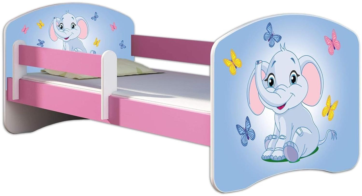 Kinderbett Jugendbett mit einer Schublade und Matratze Rausfallschutz Rosa 70 x 140 80 x 160 80 x 180 ACMA II (26 Elefant, 80 x 160 cm) Bild 1