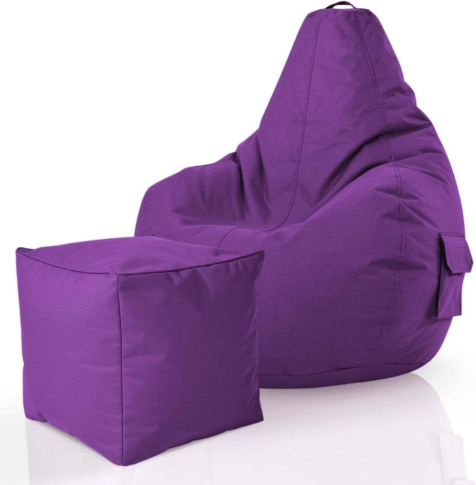 Green Bean© 2er Set Sitzsack + Hocker "Cozy+Cube" - fertig befüllt - Bean Bag Bodenkissen Lounge Sitzhocker Gamingstuhl Pouf - Lila Bild 1