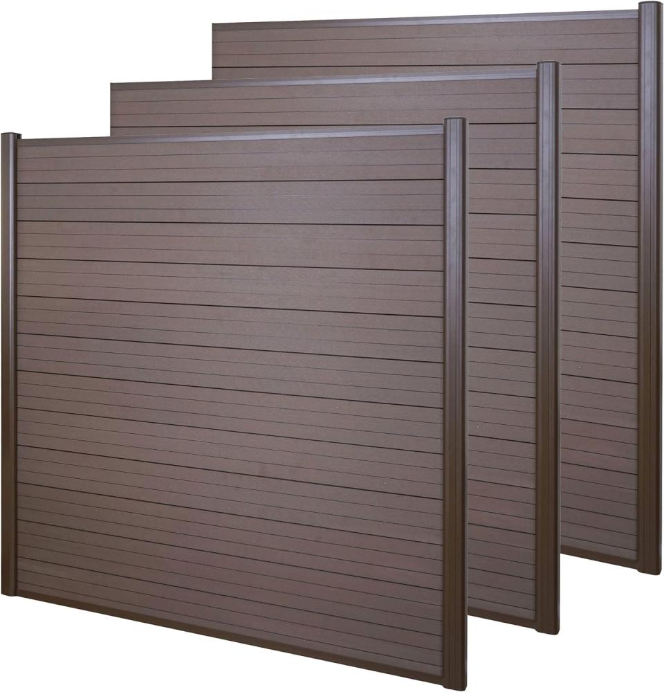 WPC-Sichtschutz Sarthe, Windschutz Zaun, Alu-Pfosten ~ 3er Set, 5,6m braun Bild 1