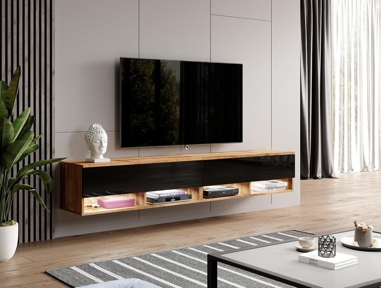 Furnix TV Lowboard Alyx Fernsehschrank Kommode B200 x H34 x T32 cm - ohne LED-Beleuchtung, TV-Schrank Sideboard 4 Fächer mit Tür „Push-Click“, 4 offene Ablagen unten, Wandmontage möglich (2x100) Bild 1