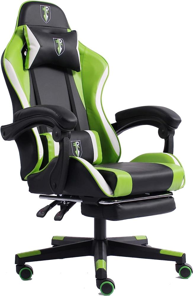 Gaming Chair im Racing-Design mit flexiblen gepolsterten Armlehnen - ergonomischer PC Gaming Stuhl in Lederoptik - Gaming Schreibtischstuhl mit ausziehbarer Fußstütze und extra Stützkissen Schwarz/Grün-Weiß Bild 1