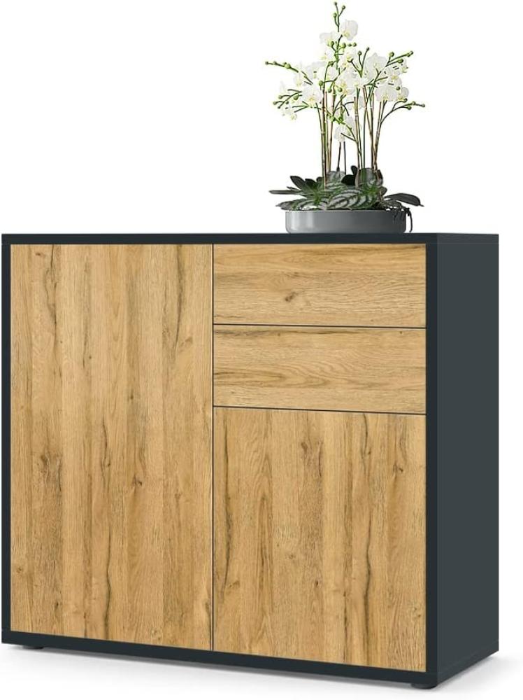 Vladon Sideboard Ben, Kommode mit 2 Türen und 2 Schubladen, Schwarz matt/Eiche Natur (79 x 74 x 36 cm) Bild 1