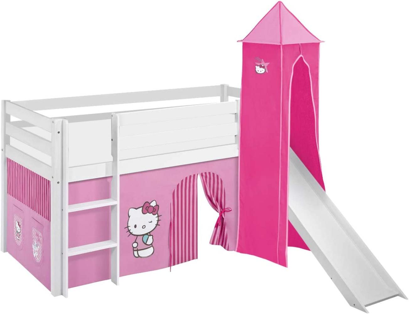 Lilokids 'Jelle' Spielbett 90 x 200 cm, Hello Kitty Rosa, Kiefer massiv, mit Turm, Rutsche und Vorhang Bild 1