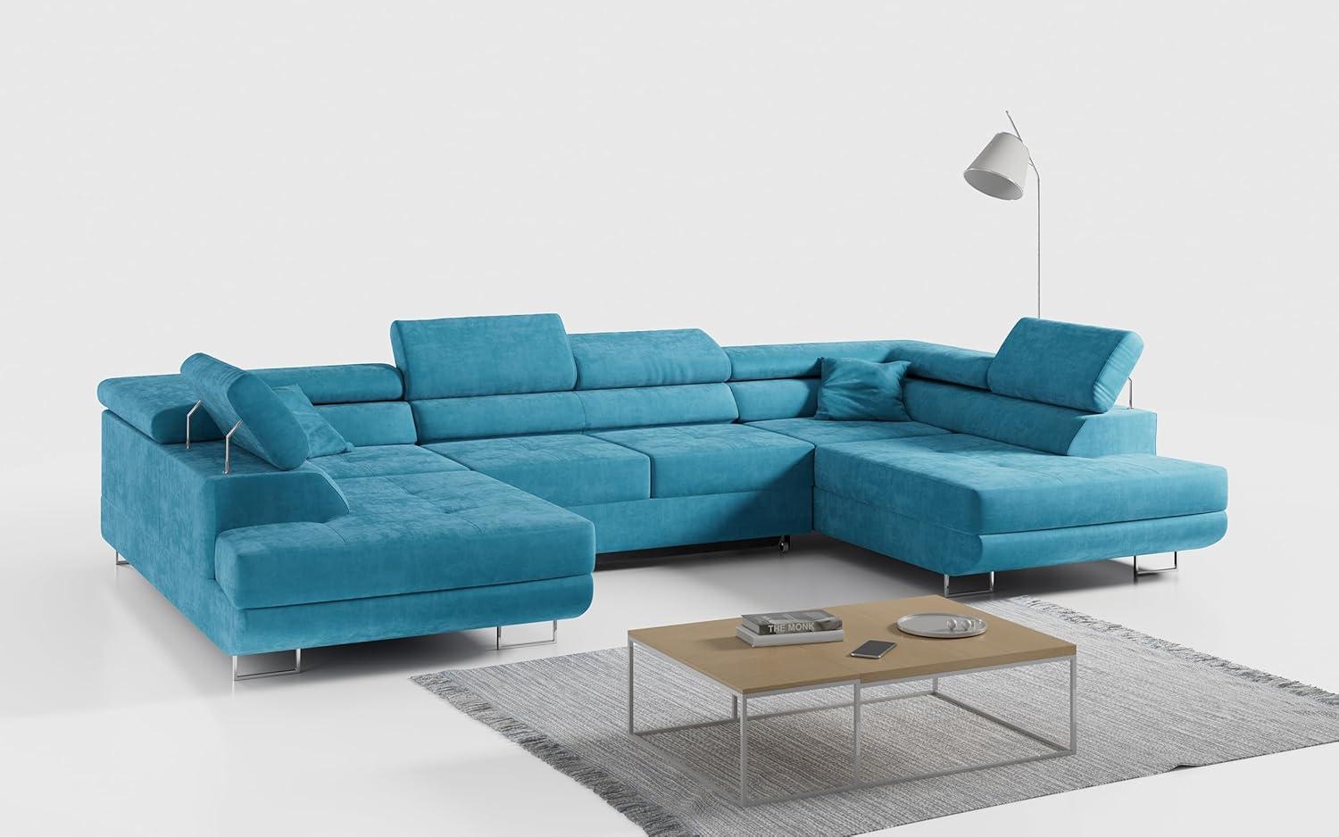 Ecksofa, Wohnzimmer U Couch, Polstersofa mit Bettkasten - GUSTAW-U - Hellblau Velours Bild 1