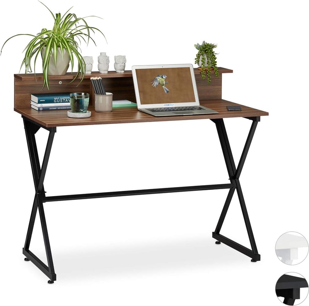 Relaxdays Schreibtisch mit zusätzlicher Ablagefläche und extra Fächern, Holzoptik/schwarz, 90 x 110 x 55 cm Bild 1