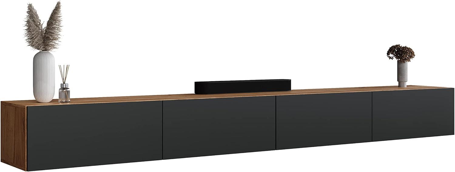 Planetmöbel TV Board 280 cm Gold Eiche/Anthrazit, TV Schrank mit 4 Klappen als Stauraum, Lowboard hängend oder stehend, Sideboard Wohnzimmer Bild 1