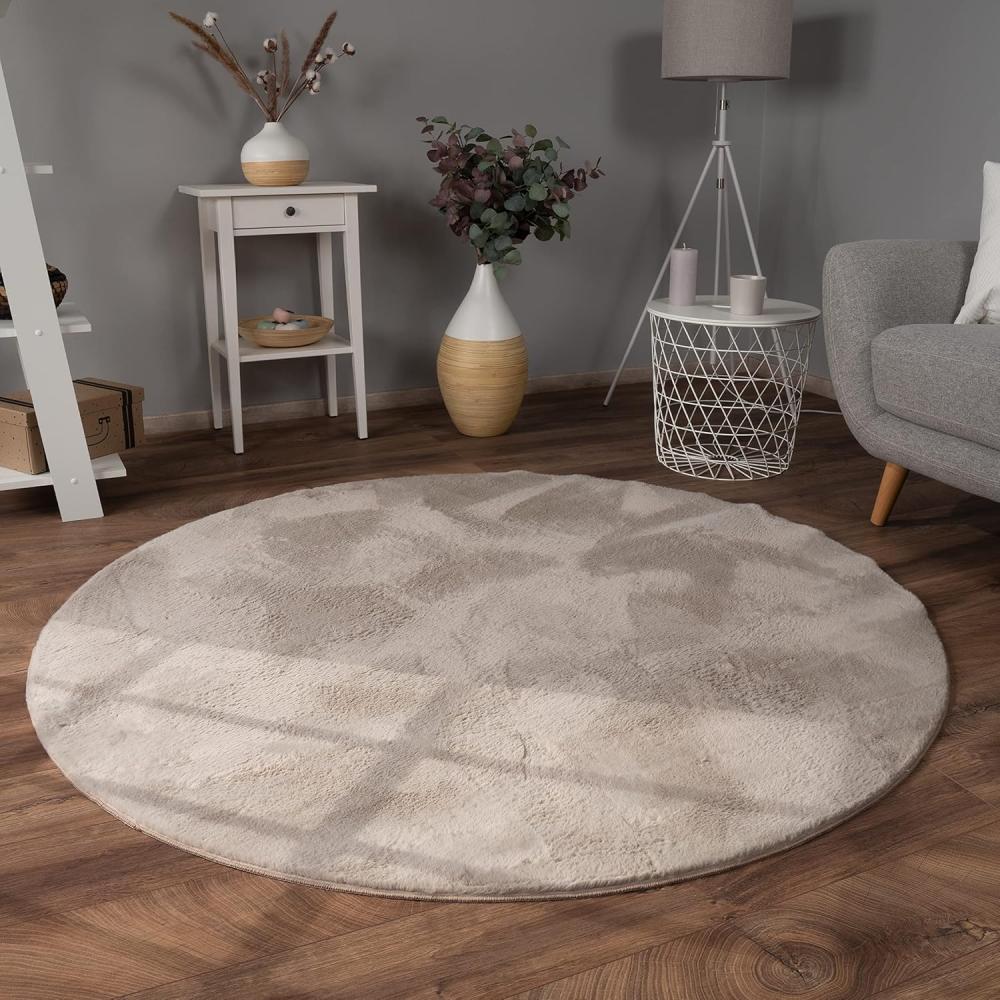 Paco Home Hochflor Teppich Wohnzimmer Flauschig Fellteppich Kunstfell Plüsch Shaggy Weich Fellimitat, Grösse:200 cm Rund, Farbe:Beige Bild 1