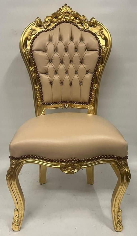 Casa Padrino Barock Esszimmer Stuhl Creme / Gold - Handgefertigter Antik Stil Stuhl mit edlem Kunstleder und Glitzersteinen - Esszimmer Möbel im Barockstil - Barock Möbel Bild 1