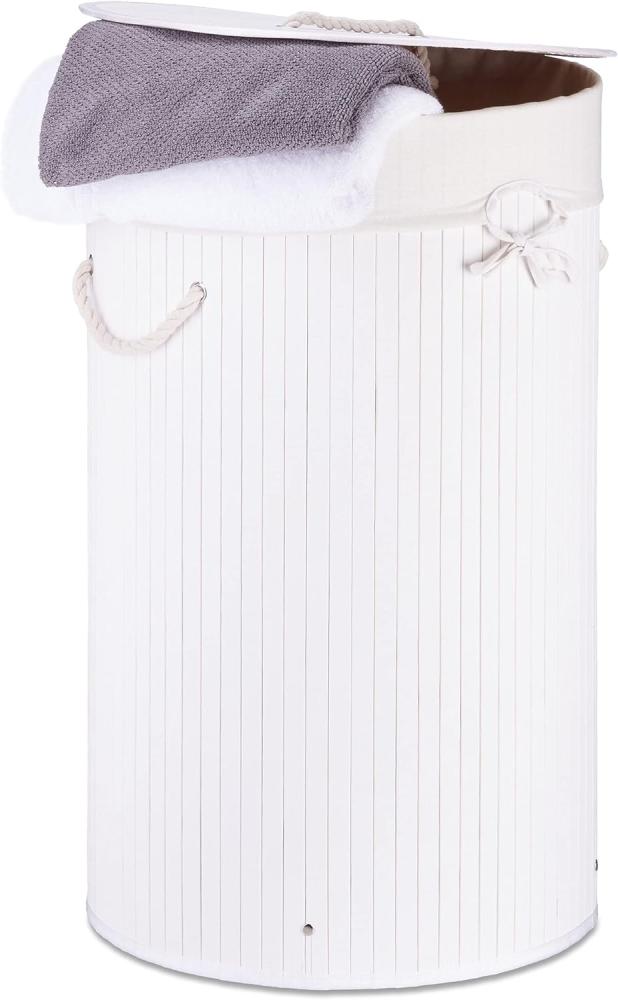 Relaxdays Wäschekorb Bambus, faltbare Wäschetonne mit Deckel, Volumen 70 l, Wäschesack Baumwolle, rund Ø 41 cm, weiß Bild 1
