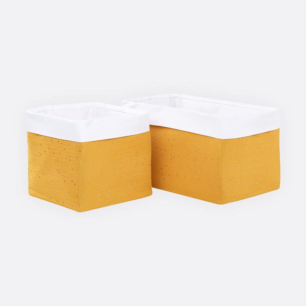 KraftKids Stoff-Körbchen in Musselin goldene Punkte auf Gelb, Aufbewahrungskorb für Kinderzimmer, Aufbewahrungsbox fürs Bad, Größe 20 x 33 x 20 cm Bild 1