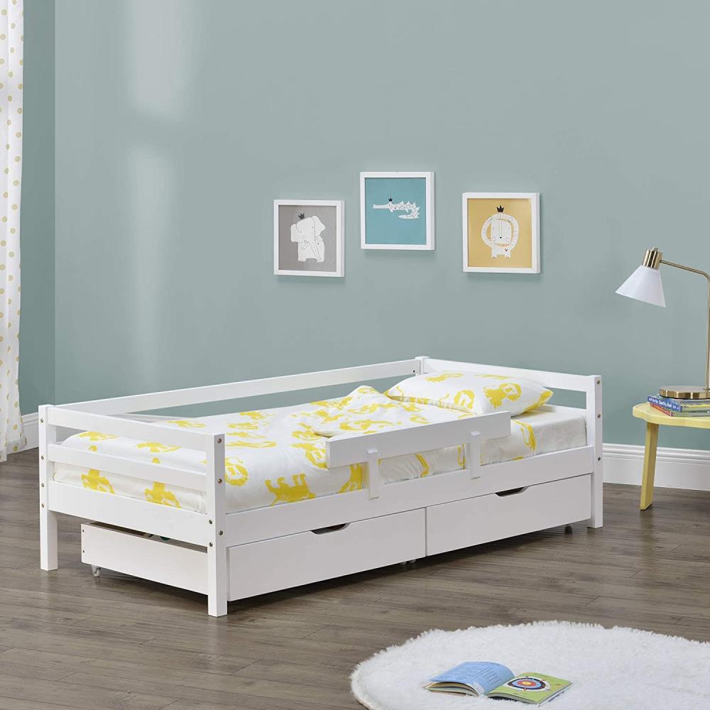 en.casa Kinderbett aus Kiefernholz mit 2 Bettkasten, Rausfallschutz und Lattenrost, 200x90 cm, weiß Bild 1