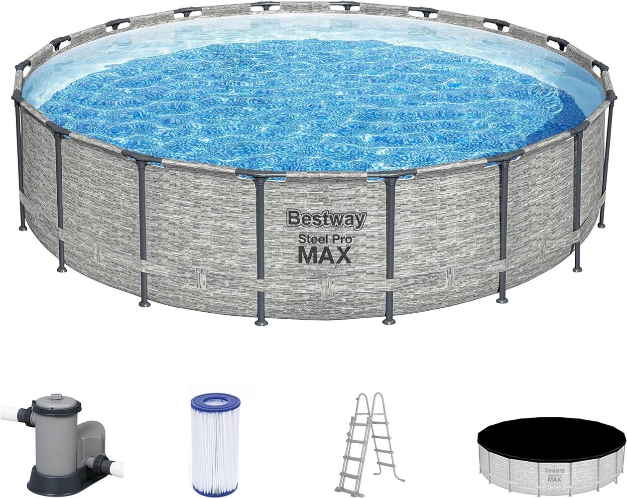 Steel Pro MAX™ Frame Pool Komplett-Set mit Filterpumpe Ø 549 x 122 cm, Steinwand-Optik (Cremegrau), rund Bild 1