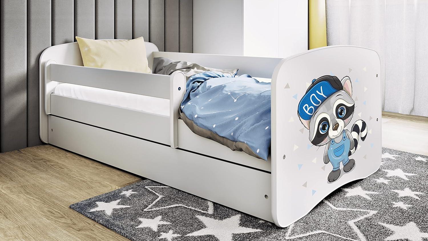 Kinderbett Jugendbett Weiß mit Rausfallschutz Schublade und Lattenrost Kinderbetten für Mädchen und Junge - Waschbär 80 x 160 cm Bild 1
